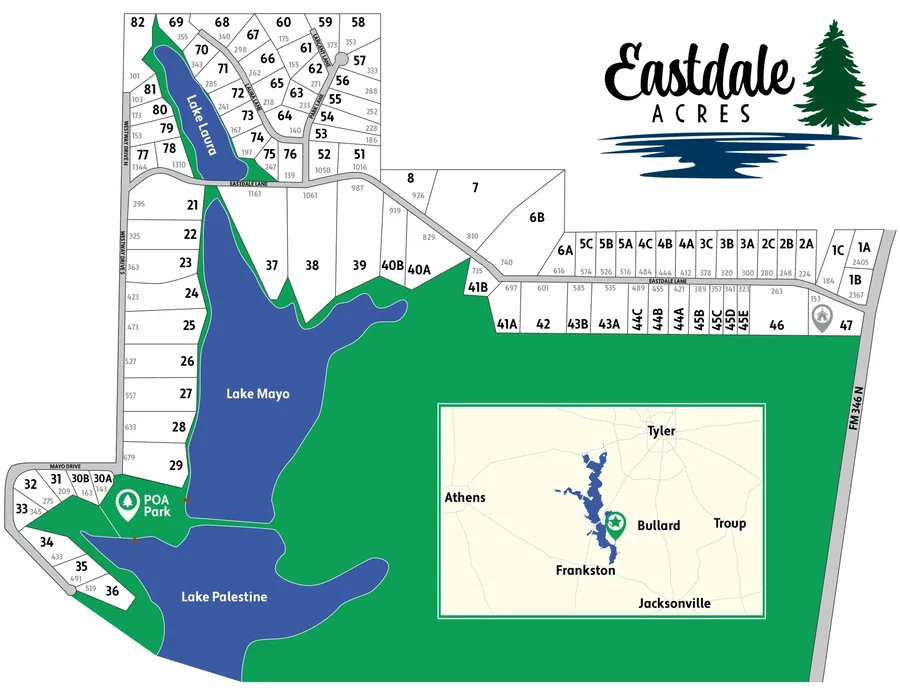 Plat map of the Eastdale Acres subdivision showing its wooded lots and lakes
