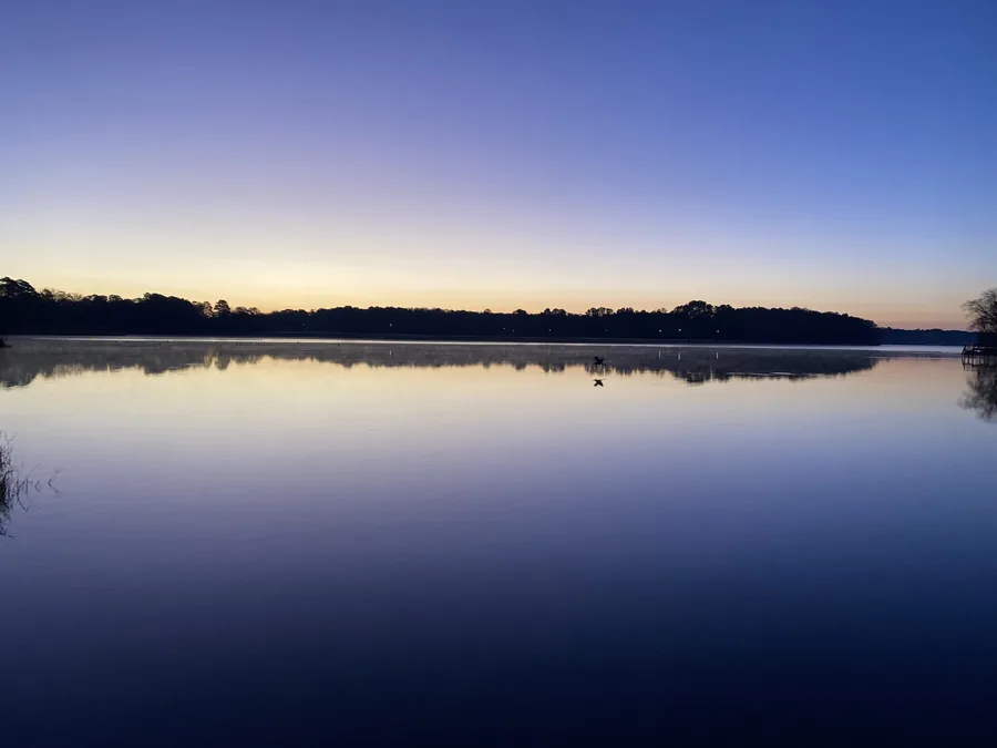 A glassy private lake at first light, wooded far shore mirrored on the calm surface